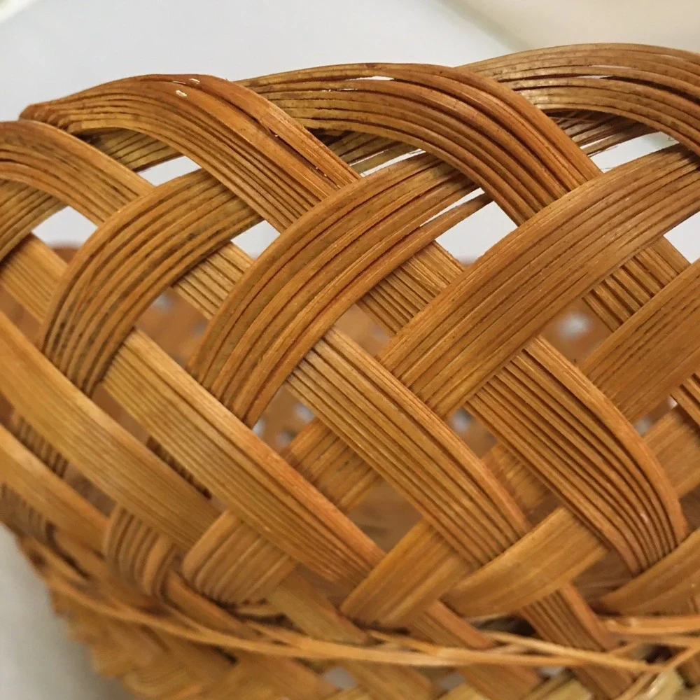 Woven Bamboo Basket Home Decor Medium Brown Round Lattice Weave Cottagecore